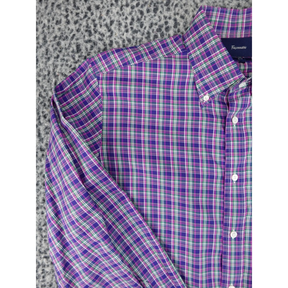 Faconnable Mens Plaid Button Down Shirt Large Purple Green White Long Sleeve L - Picture 2 of 13